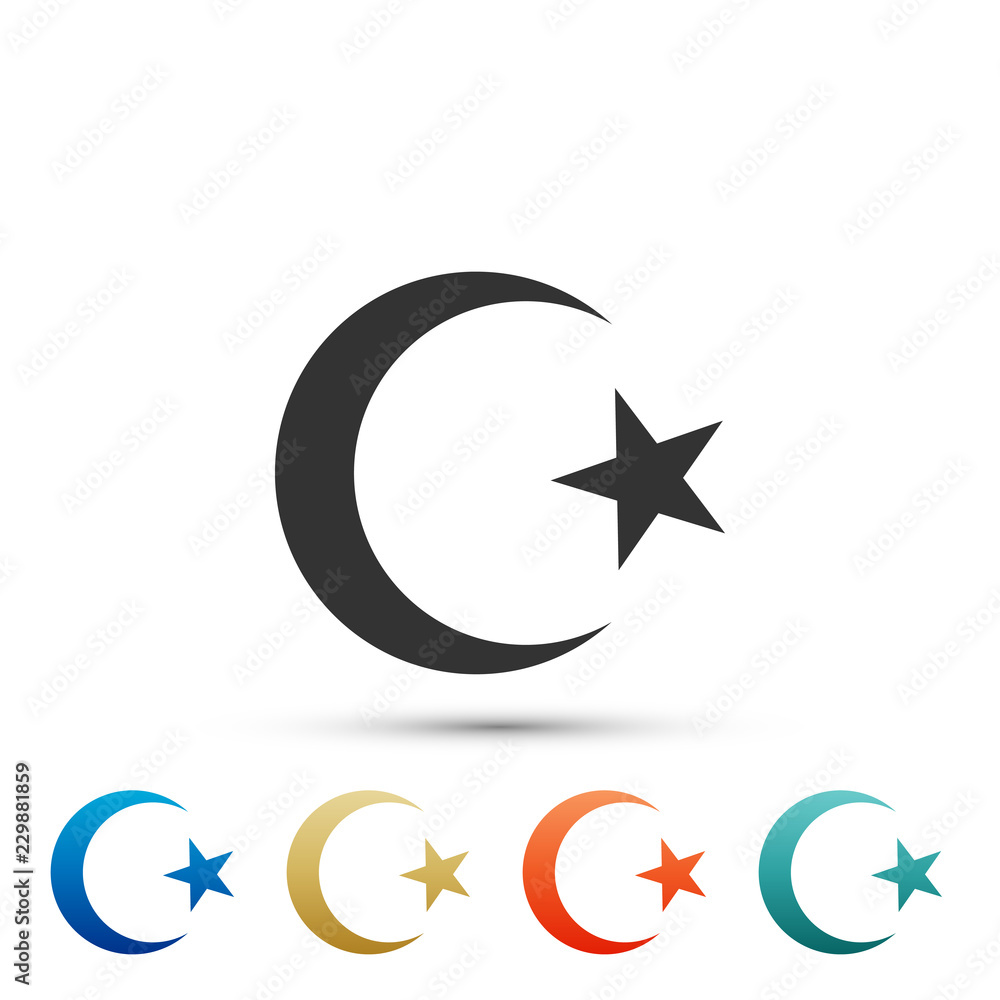 Star and crescent - symbol of Islam icon isolated on white background. Religion symbol. Set elements in colored icons. Flat design. Vector Illustration Star and crescent - symbol of Islam icon isolated on white background. Religion symbol. Set elements in colored icons. Flat design. Vector Illustration