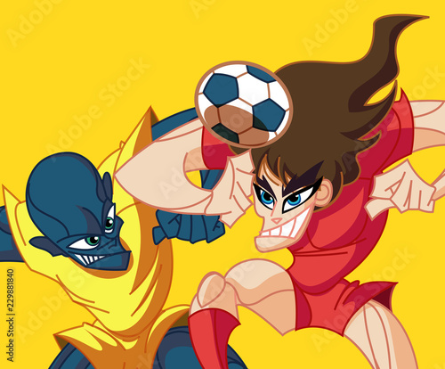 Two soccer players playing soccer and pushing each other