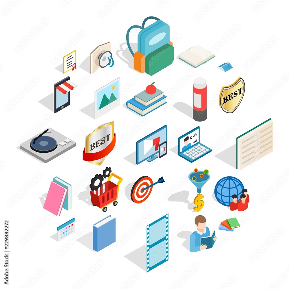Booklet icons set. Isometric set of 25 booklet vector icons for web isolated on white background Booklet icons set. Isometric set of 25 booklet vector icons for web isolated on white background