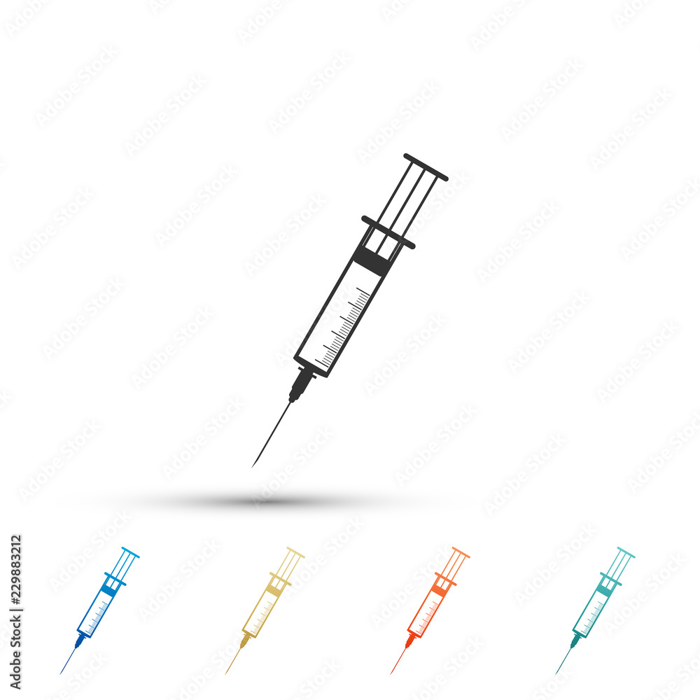 Syringe icon isolated on white background. Syringe sign for vaccine, vaccination, injection, flu shot. Medical equipment. Set elements in colored icons. Flat design. Vector Illustration Syringe icon isolated on white background. Syringe sign for vaccine, vaccination, injection, flu shot. Medical equipment. Set elements in colored icons. Flat design. Vector Illustration