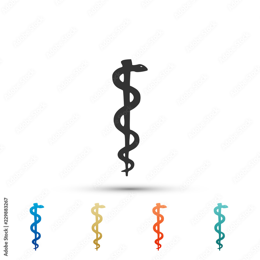 Rod of asclepius snake coiled up silhouette icon on white background. Medicine and health care concept. Emblem for drugstore or medicine, pharmacy snake symbol. Flat design. Vector Illustration Rod of asclepius snake coiled up silhouette icon on white background. Medicine and health care concept. Emblem for drugstore or medicine, pharmacy snake symbol. Flat design. Vector Illustration