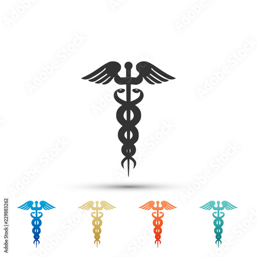 Caduceus medical symbol icon isolated on white background. Medicine and health care concept. Emblem for drugstore or medicine, pharmacy snake symbol. Colored icons. Flat design. Vector Illustration