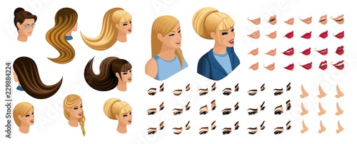 Isometric Create emotions for your character, young girl. Set beautiful hairstyles and emotions, sadness, joy, happiness. Different make-up of lips, eyes