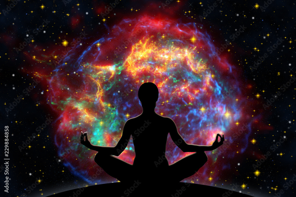 Female yoga figure against  universe background with Supernova explosion. - obrazy, fototapety, plakaty 