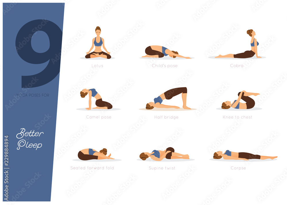 Plakat 9 pozycji jogi dla lepszego snu