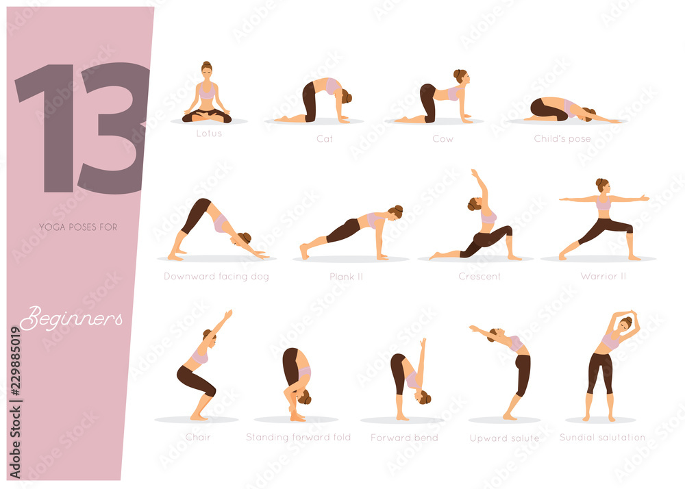 13 Yoga poses for beginners Stock Vector