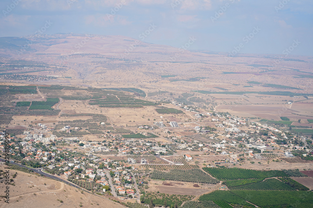 The Sea of Galilee or Kinneret lake   from Mountain Arbel national park. bird's eye panorama view
