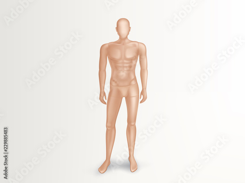 Vector 3d illustration of male mannequin, naked full body of man. Faceless human figure with muscles for sport training. Nude plastic dummy, fashion manikin for showcase of boutique, clothing store