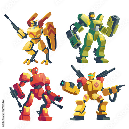 Vector cartoon set with armed transformers, human soldiers in robotic combat exoskeletons with guns isolated on background. Battle robots with weapon, cyborg humanoids. Characters for computer games