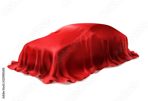 Vector realistic car covered with red silk isolated on white background. Presentation of new car in dealership, auto surprise under scarlet cloth.