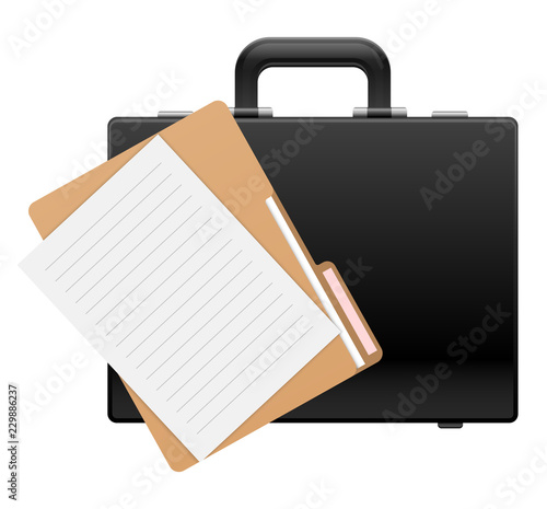 Stationery for business and office work. Set of paper and folder with black briefcase. Working materials for drafting contracts, accounting reports and information analysis. EPS10 vector illustration 