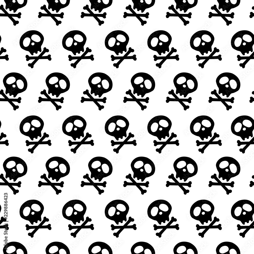 black Skull and bones crossed. Vector illustration. Seamless white background. poison. goths. halloween design and decoration black Skull and bones crossed. Vector illustration. Seamless white background. poison. goths. halloween design and decoration