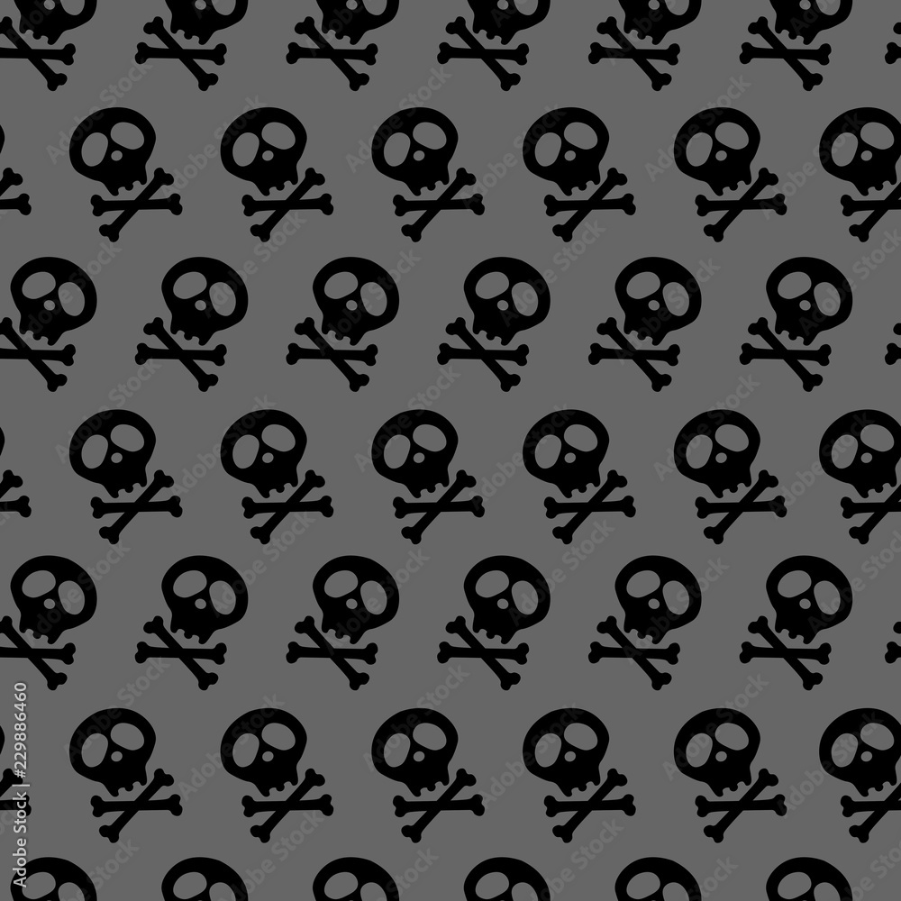 black Skull and bones crossed. Vector illustration. Seamless gray background. poison. goths. halloween design and decoration black Skull and bones crossed. Vector illustration. Seamless gray background. poison. goths. halloween design and decoration