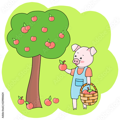 Vector pig collects apples in a basket