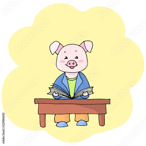Vector piggy reading a book