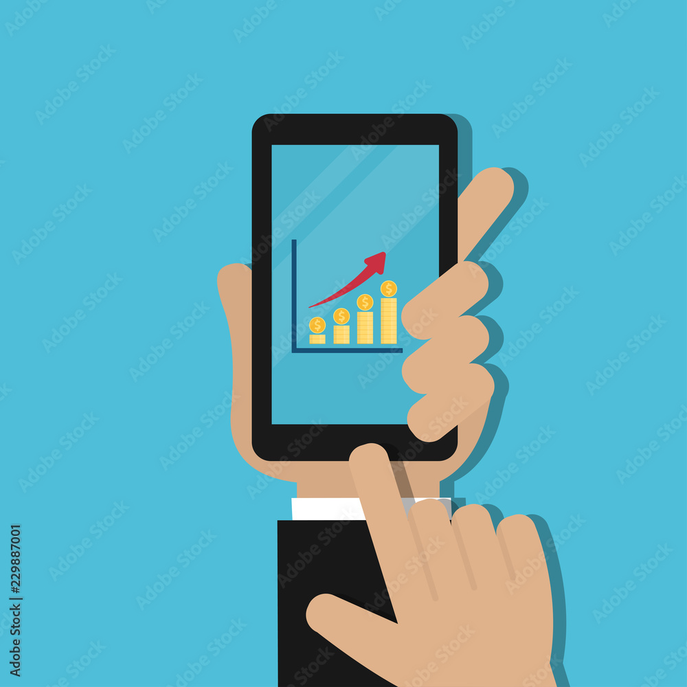 Hand holding mobile phone with growing graph and stack of golden coins vector Hand holding mobile phone with growing graph and stack of golden coins vector