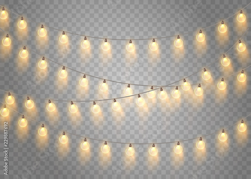 Yellow festive garlands of decorative lanterns on transparent background.