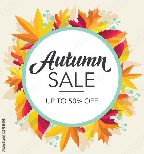 Autumn sale graphic with bright, colorful leaves in the background