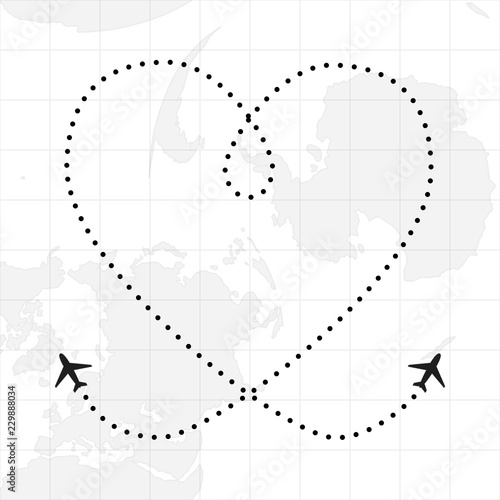 Planes traces in heart shape on map background, love concept illustration