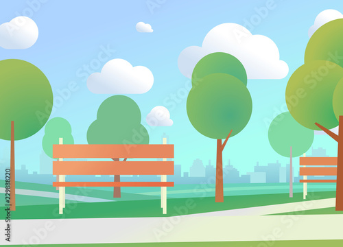 Urban park with benches and city skyline on the background, bright flat concept illustration