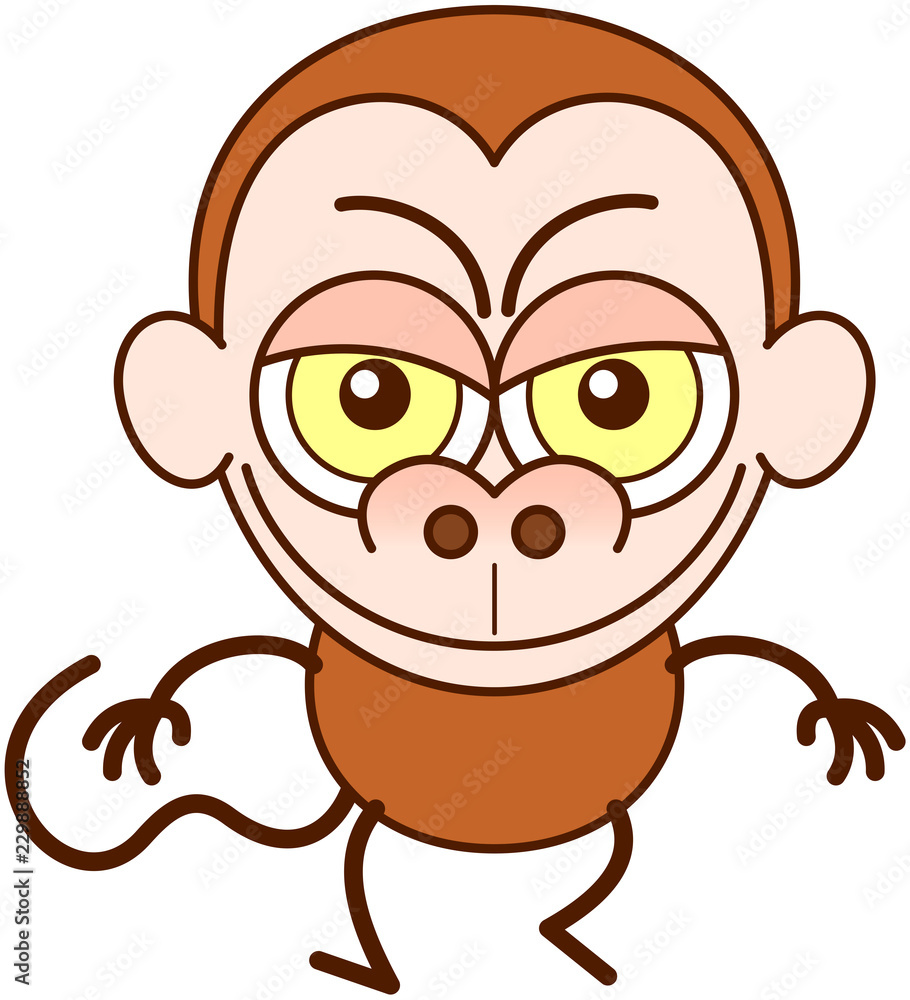 Cute brown monkey in minimalist style with big rounded ears, bulging eyes and long tail while walking, frowning, smiling mischievously and showing a naughty mood