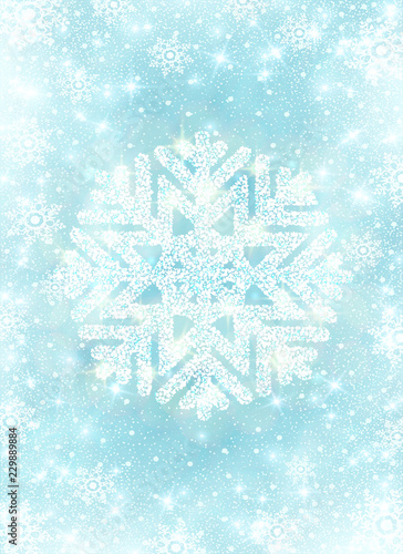 Snow frost effect on blue background. Scatter falling round particles and snowflakes. Holiday Christmas club poster. Party New Year design banner. Vector glitter snowflake with lights effects.
