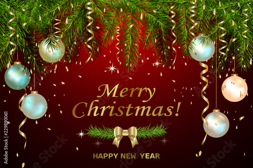Postcard with pearly Christmas tree toys. Falling Golden confetti. Gold lettering Merry Christmas and Happy New Year. Vector Illustration for holiday greeting card.