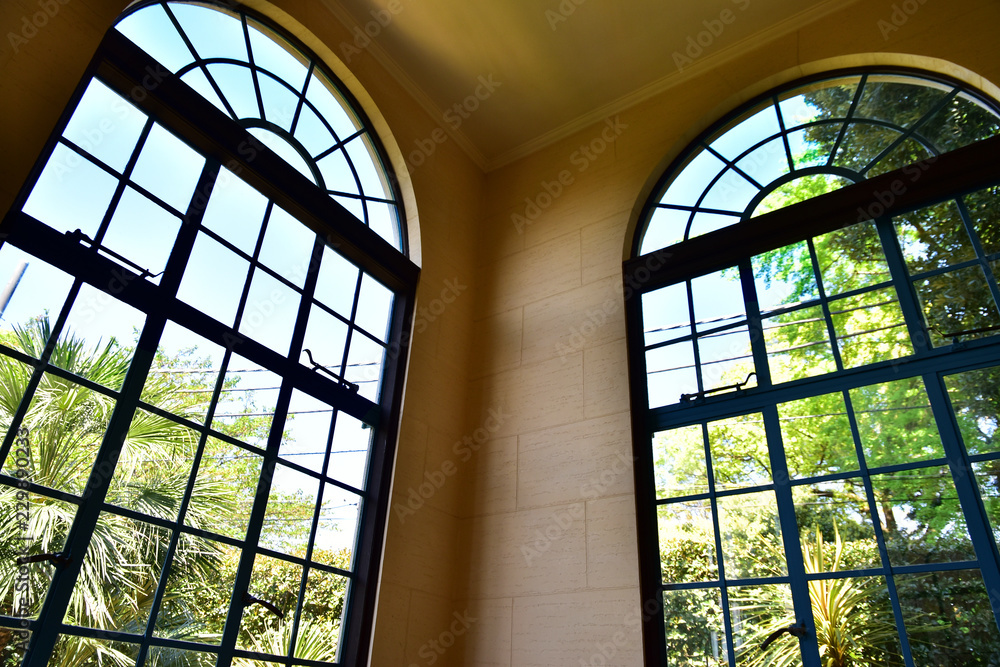Scenery of green and the blue sky to see from the window of the room of the day when it was fine Scenery of green and the blue sky to see from the window of the room of the day when it was fine