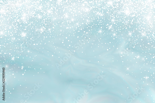 Snow frost effect on blue background. Vector Illustration. Abstract bright white shimmer lights and snowflakes. Glowing blizzard. Scatter falling round particles.