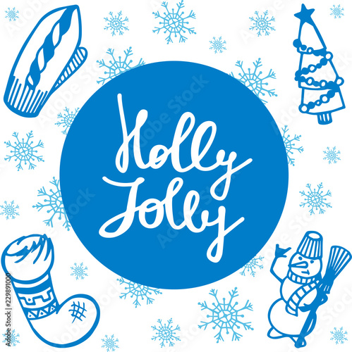 Merry Christmas & Happy New year card. Holly Jolly lettering. Winter holiday set. Colorful vector illustrations, background. Decoration kit