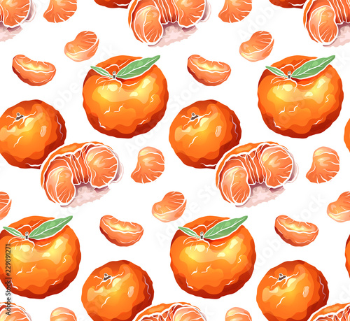 Seamless pattern of color cartoon illustrations of mandarin and citrus on white background. Vector texture for wrapper, wallpaper, textile and your creativity.