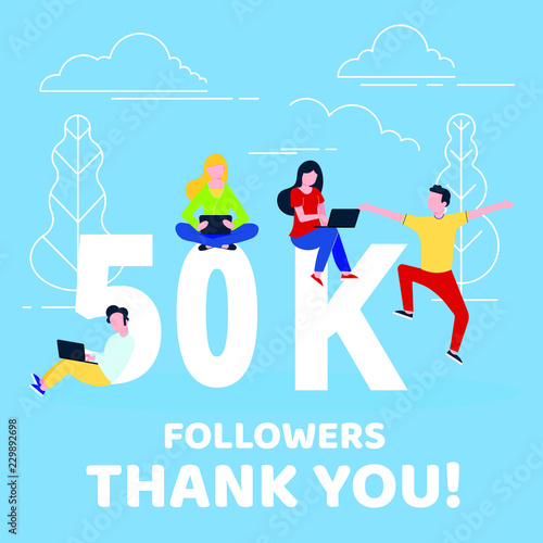 Thank you 50000 followers numbers postcard. People man, woman big numbers flat style design 50k thanks vector illustration isolated on blue background. Template for internet media and social network.