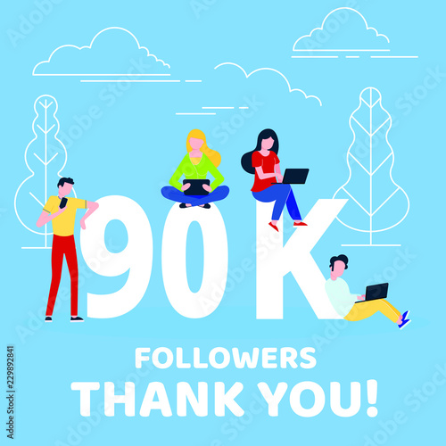 Thank you 90000 followers numbers postcard. People man  woman big numbers flat style design 90k thanks vector illustration isolated on blue background. Template for internet media and social network.