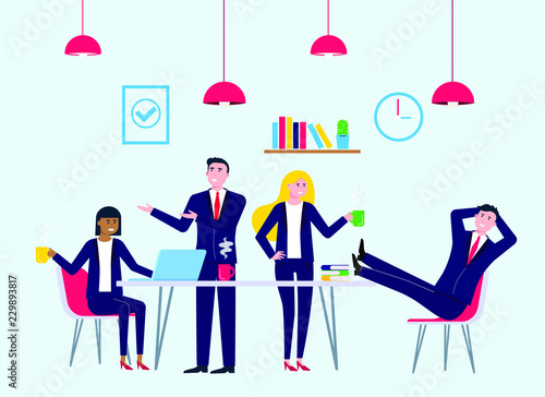 Coffee break colleagues in meeting room office with laptop, coffee and chairs happy men and women talking and working vector characters flat style vector illustration. Teamwork concept in business.