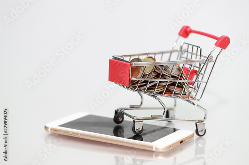 trolley with coins and credit cards on smart phone, idea for shopping and online payment using as business background
