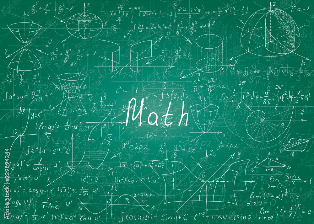 Mathematical formulas drawn by hand on a green unclean chalkboard for the background. Vector illustration.