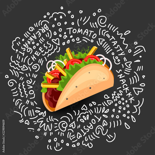 Tortilla Burritos wrap vector cartoon illustration. Mexican burritos with french fries and vegetables Icon. Mexican Wraps Burrito, Wrapped tortilla and burrito with vegetables isolated on black with