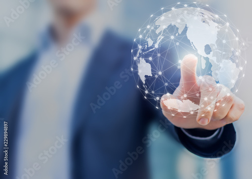 Global network communication with international connections for business around 3d world map, financial exchange, Internet of Things (IoT), blockchain technology, worldwide forex, abstract concept photo