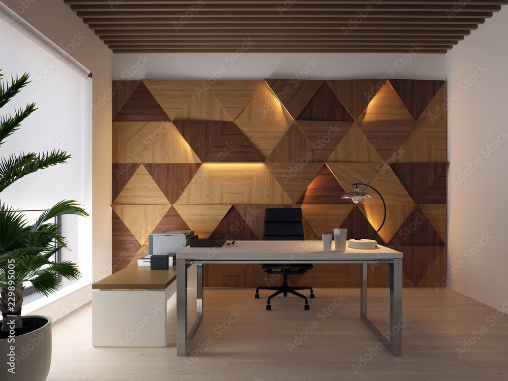 3d rendering wood wall panels on the wall and desktop Stock