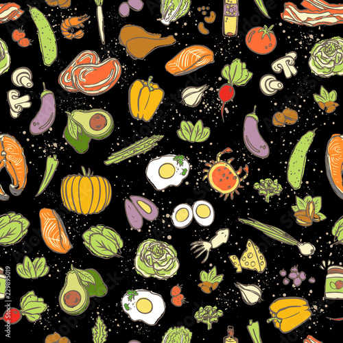 Ketogenic food vector seamless pattern, sketch. Healthy keto food - fats, proteins and carbs on endless vector pattern. Seamless Background with Low carbs keto diet food objects. Keto seamless pattern