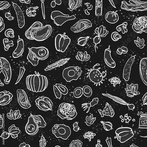 Ketogenic food vector seamless pattern, sketch. Healthy keto food - fats, proteins and carbs on endless vector pattern. Seamless Background with Low carbs keto diet food objects. Keto seamless pattern