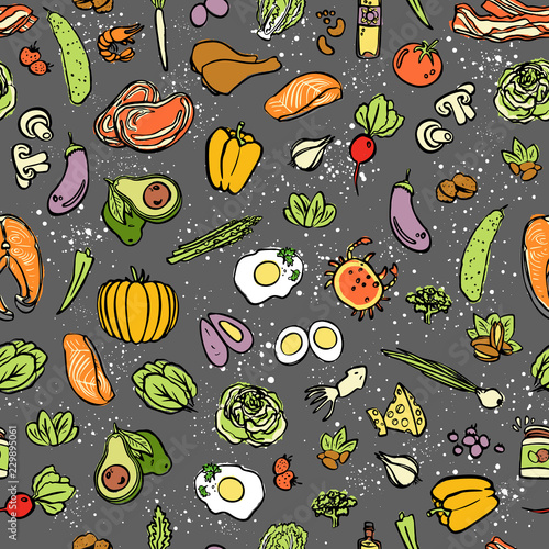 Ketogenic food vector seamless pattern, sketch. Healthy keto food - fats, proteins and carbs on endless vector pattern. Seamless Background with Low carbs keto diet food objects. Keto seamless pattern