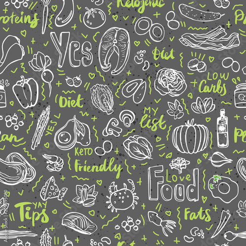 Ketogenic food vector seamless pattern, sketch. Healthy keto food - fats, proteins and carbs on endless vector pattern. Seamless Background with Low carbs keto diet food objects. Keto seamless pattern
