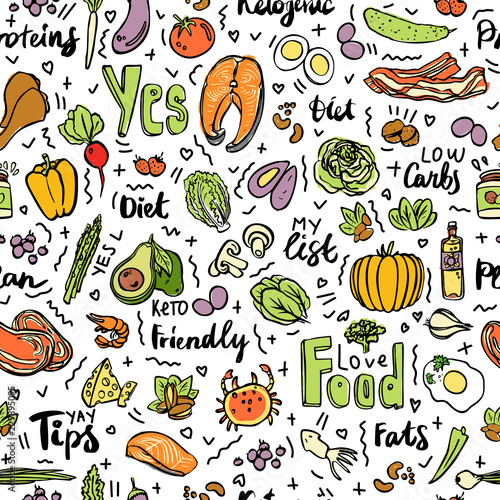 Ketogenic food vector seamless pattern, sketch. Healthy keto food - fats, proteins and carbs on endless vector pattern. Seamless Background with Low carbs keto diet food objects. Keto seamless pattern
