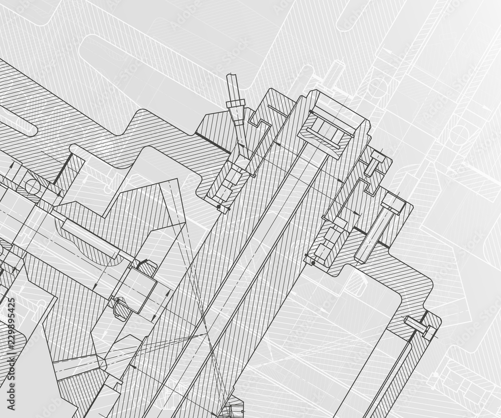 Fototapeta premium Mechanical engineering drawings on white background. Milling machine spindle. Technical Design. Cover.