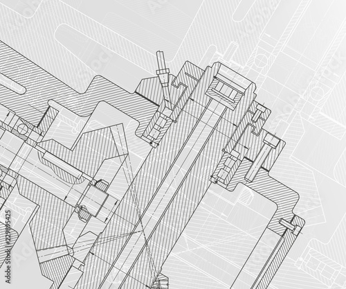 Mechanical engineering drawings on white background. Milling machine spindle. Technical Design. Cover.