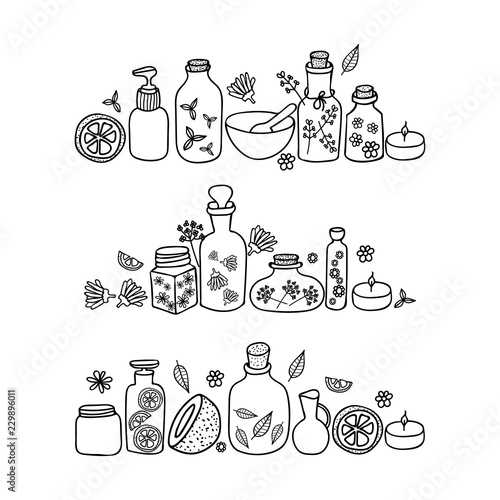 Organic cosmetics illustration. Set of organic cosmetics-glass bottles, flowers and leaves. Beauty set. Hand drawn spa and aromatherapy elements. Cartoon vector sketch of natural cosmetic.