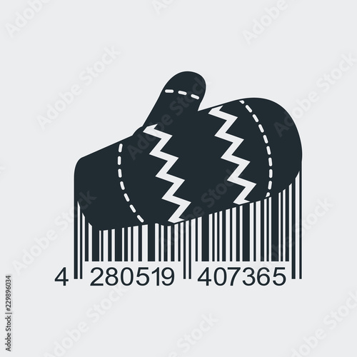 Icono plano código de barras manopla de invierno en fondo gris