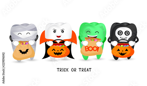 Cartoon spooky tooth with candies. Trick or treat, Halloween concept. Illustration isolated on white background.