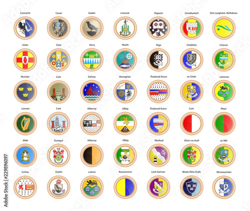 Set of vector icons. Regions of Ireland flags, provinces and counties. 3D illustration. photo